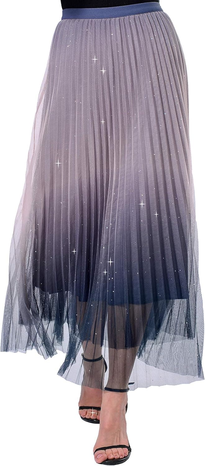 F.DTCC Women's High Waist Swing Skirt Bling 3 Layer Mesh Tulle Midi Long Pleated Skirt
