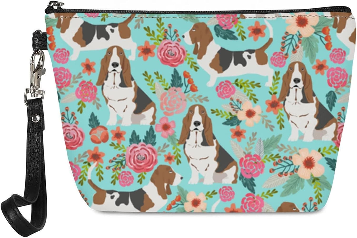 UNICEU Floral Basset Hound Print Small Leather Toiletry Bag for Women Girls, Portable Wristlet Cosmetic Bag Clutch
