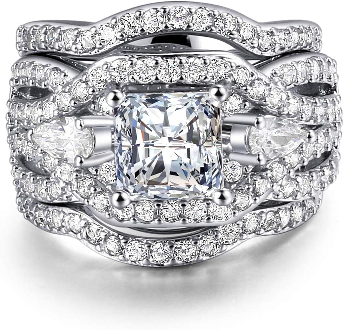 Double Fair Women's 18K White Gold Plated Cubic Zirconia Wedding Ring 3 Piece Sets Engagement Bridal Band
