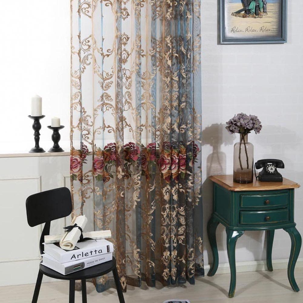 pureaqu Luxury Elegant Rod Pocket Process Sheer Curtains W39xH63 Embroidery Flower Tulle/Voile Drapes for Living Room Curtain Panel Window Home Decor 1 Panel