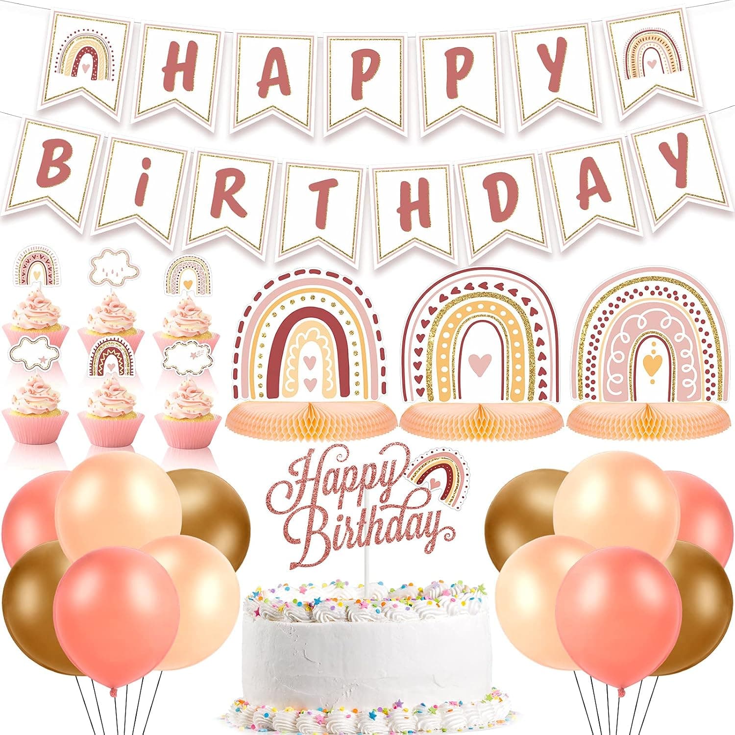 SKYLETY 56 pieces Boho Rainbow Birthday Party Decorations Set Happy Birthday Party Supplies with Balloon Banner Cake Topper (Simple Color),SY-Skylety-833497
