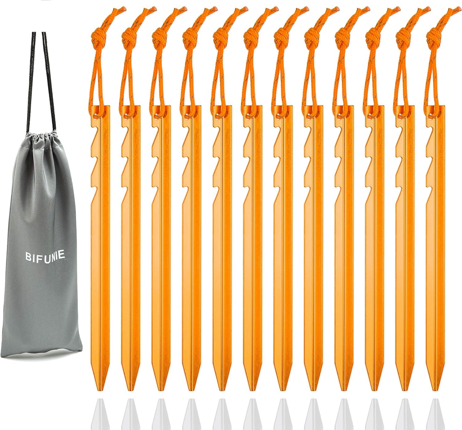 BIFUNIE Aluminum Tent Stakes Pegs, 12-Pack Aluminum Ground Pegs with Reflective Pull Ropes, Heavy Duty Tri-Beam Metal Stakes Pegs for Backpacking Camping Tents Hammocks and Canopy