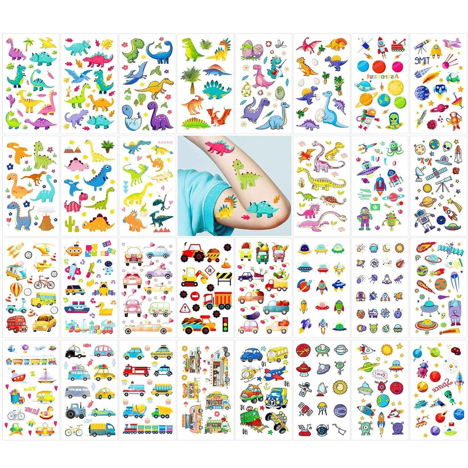 Qpout 30 Sheets Temporary Tattoos for Kids Boys, Dinosaur Car Outer Space Waterproof Fake Tattoo Stickers, Boys Birthday Party Gifts Bag Filler, Face Hand Arm Decoration