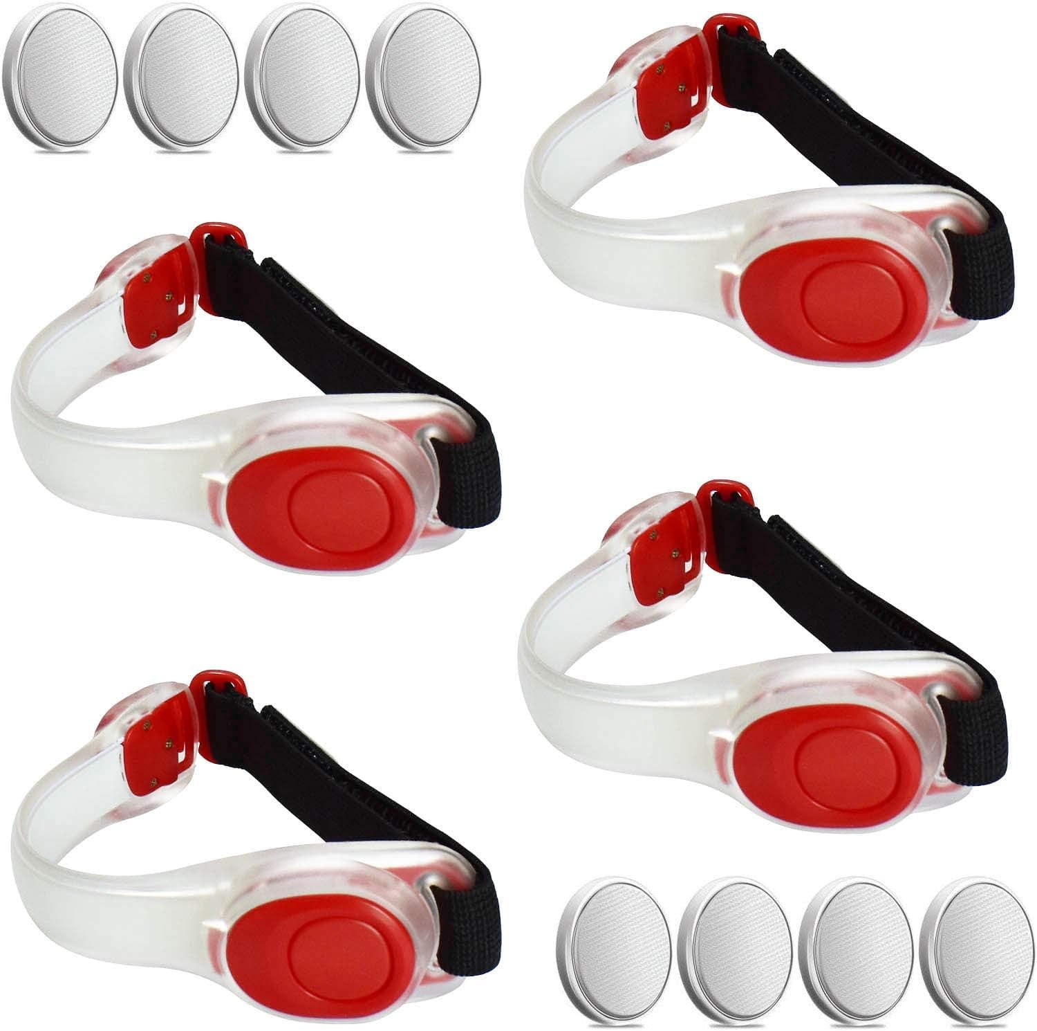 ANYTINUS 4 Pack LED Glow Armbands Bracelets Lights Up Flashlights Ankle Band Flashing Safety Light for Women Men Runners Joggers Pet Owners Cyclists Come with 8 Extra Button Battery (Red)