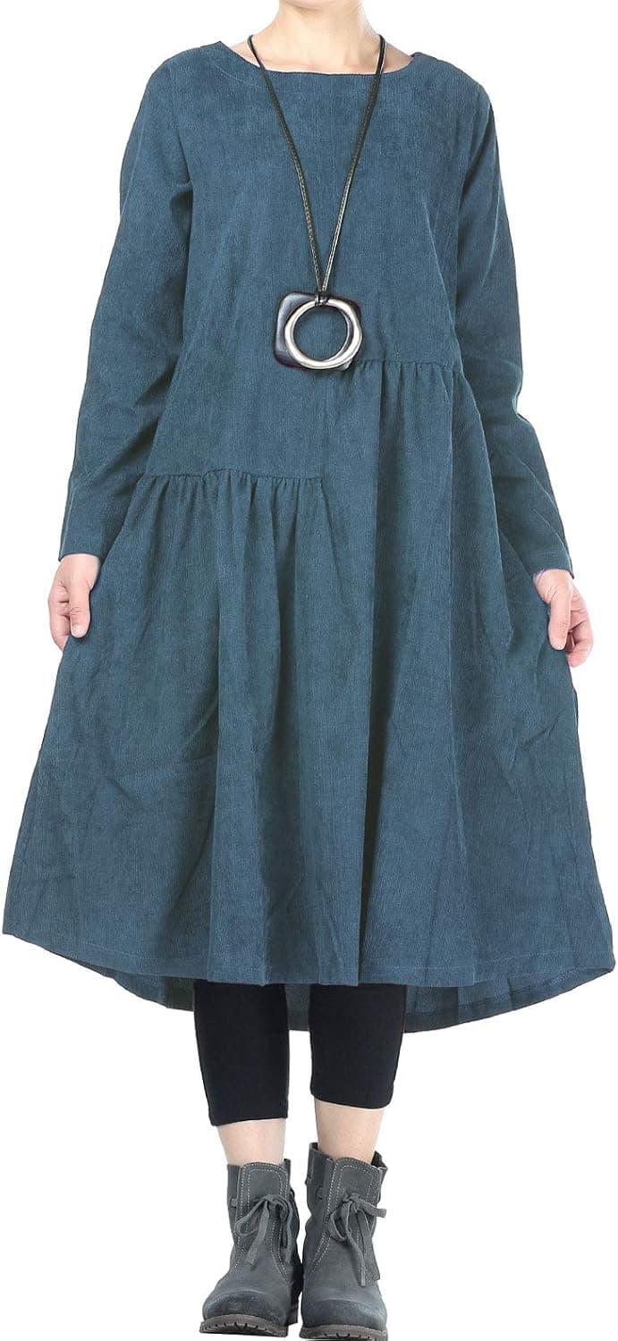 Mordenmiss Women’s Corduroy Pleated Dresses Swing Long Sleeve Dress with Pockets