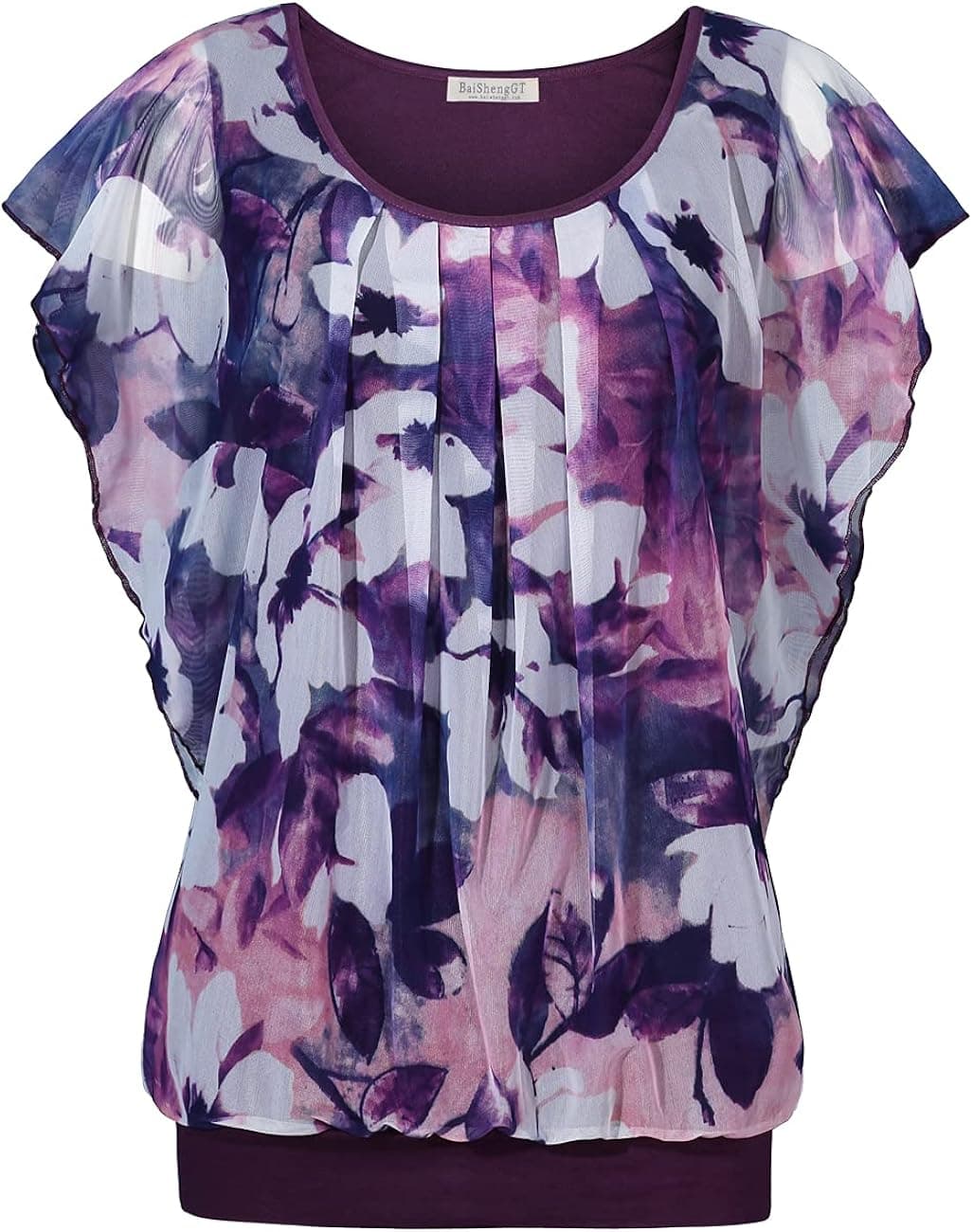 BAISHENGGT Women's Printed Flouncing Flared Short Sleeve Mesh Blouse Top