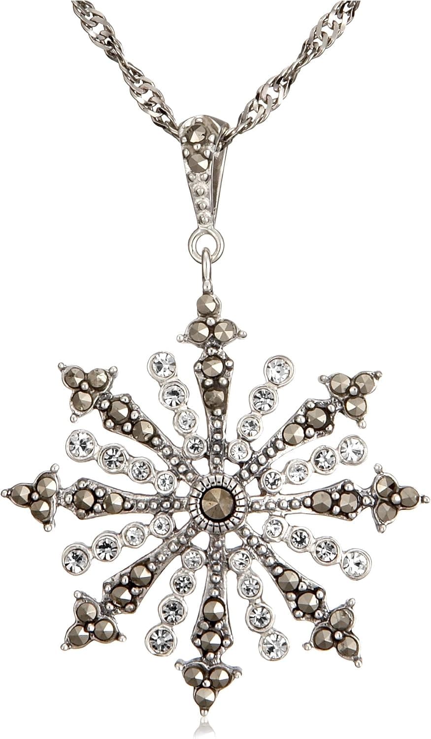 Amazon Collection Sterling Silver Marcasite and Cubic Zirconia Snowflake Pendant, 18"