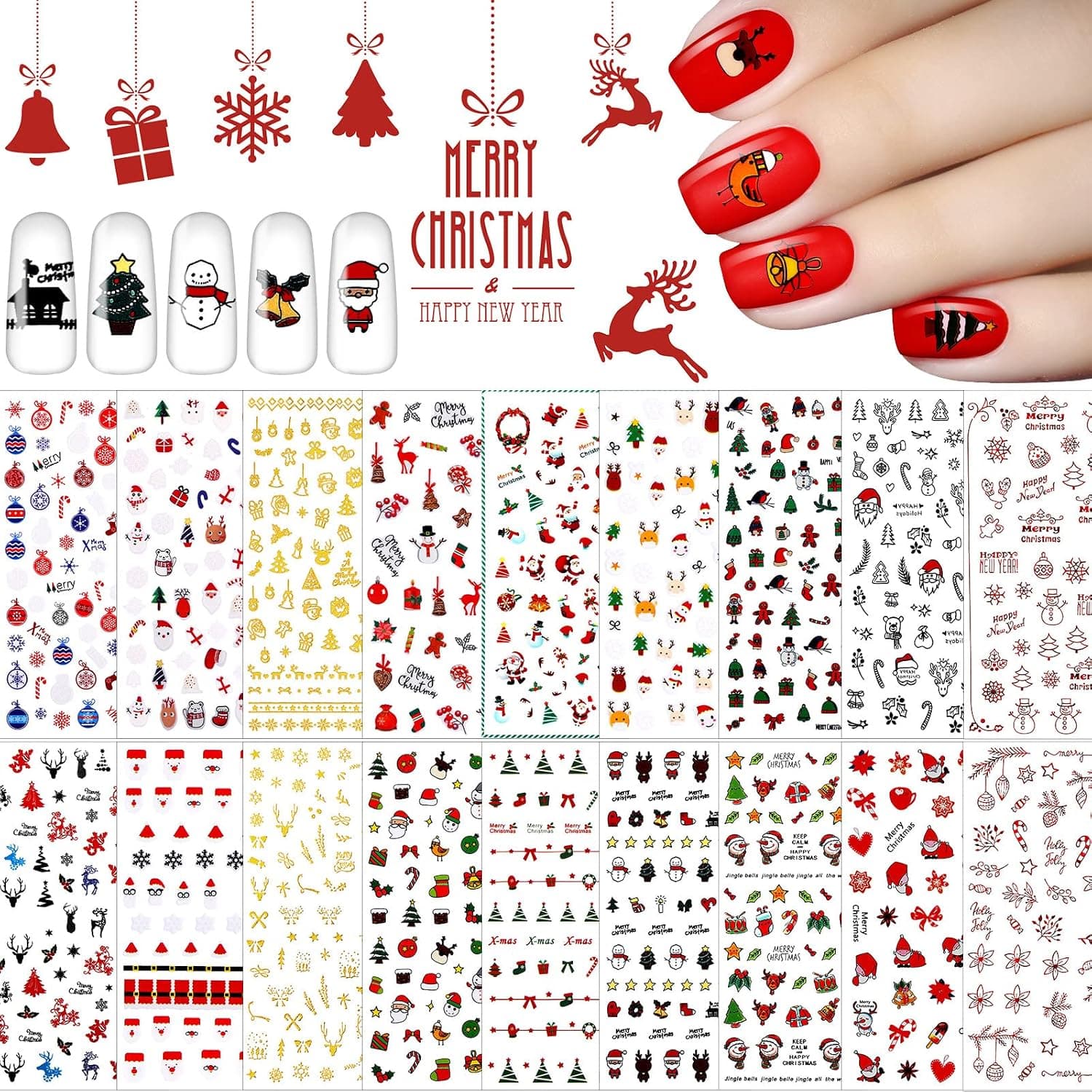 Yaryang 18 Sheets Christmas Nail Stickers Xmas 3D Nail Decals Self-Adhesive Nail Design Stickers Santa Claus Reindeer Snowflakes Snowmen Tree Nail Stencils Christmas Nail Decorations for Women Girls Kids