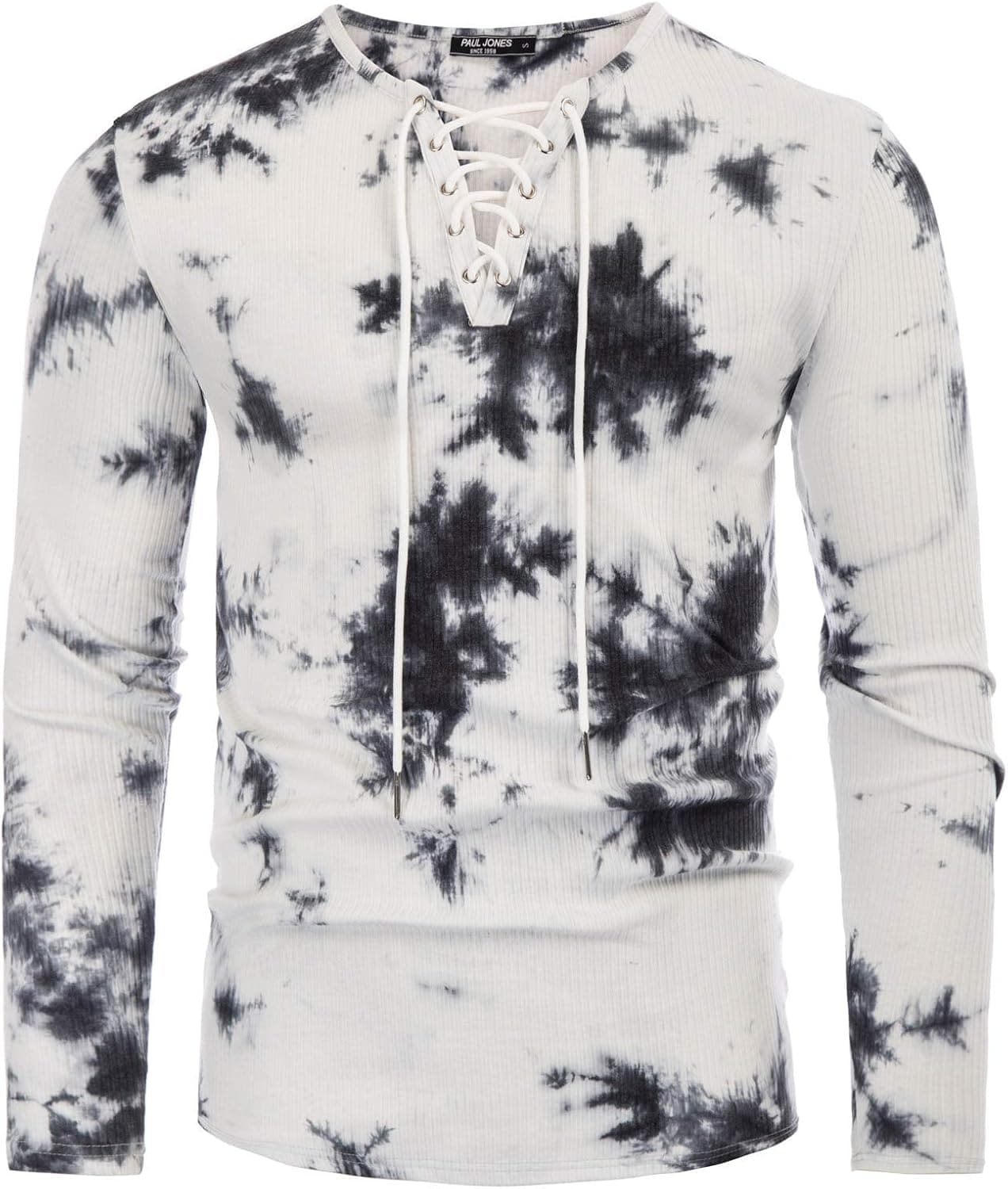 PJ PAUL JONES Men's Ribbed Tie Dye T-Shirt Long Sleeve Lace-up Colorful Hipster T-Shirt