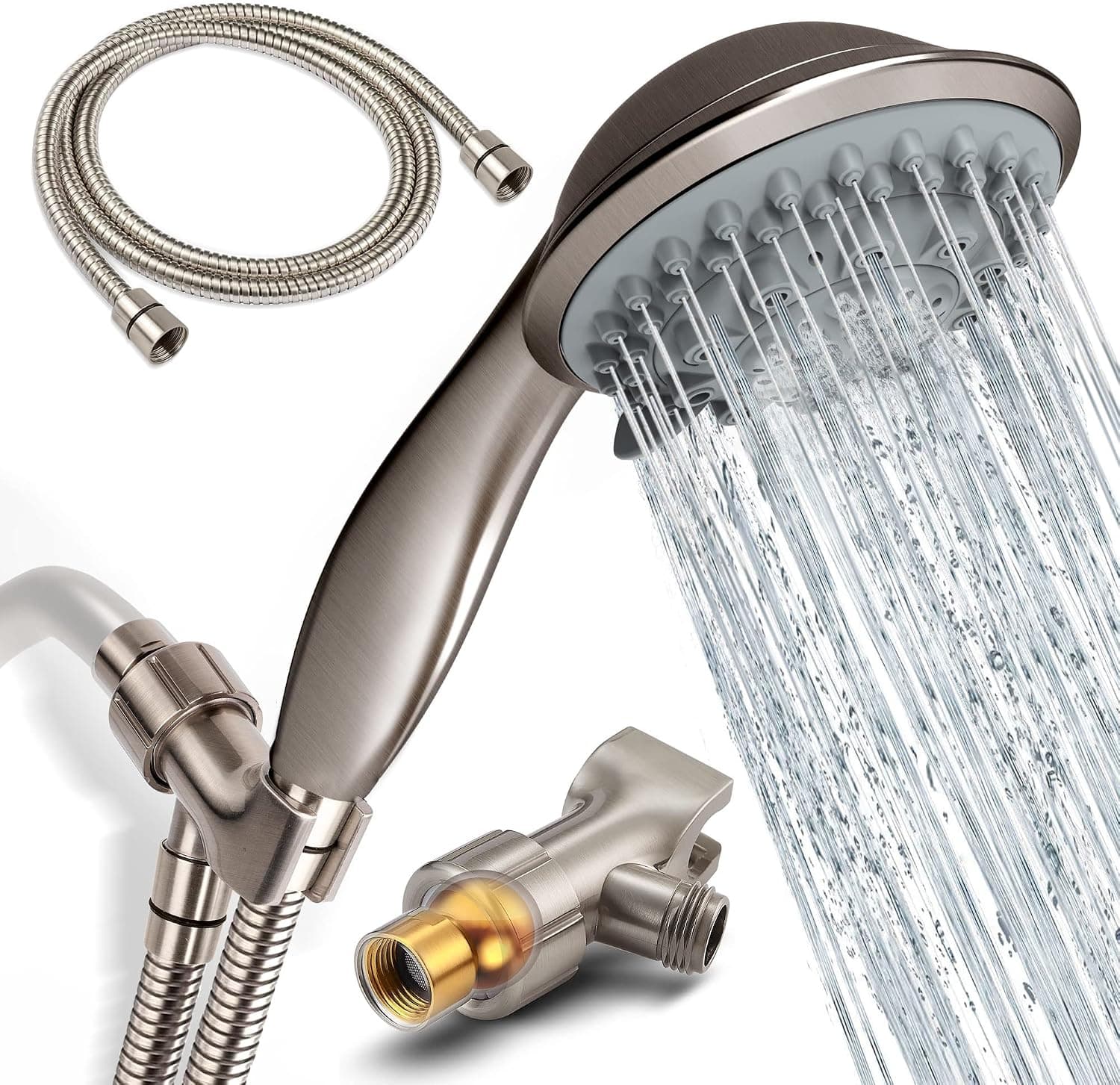 Shower Head Shower Head with Hose Full Brushed Nickel Handheld Shower Head, 7-Setting High Pressure Shower head with 59 Inch Stainless Steel Hose, Detachable Shower Head Adjustable Brass Ball Holder