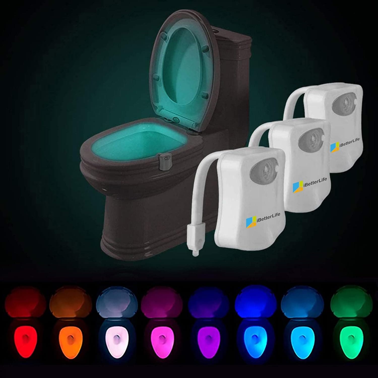 iBetterLife Toilet Light Motion Sensor 3 Pack, The Original Toilet Night Light Inside Toilet Glow Bowl Motion Activated LED 8 Colors, Light up Toilet Seat, Color Your Trip to Bathroom in The Midnight