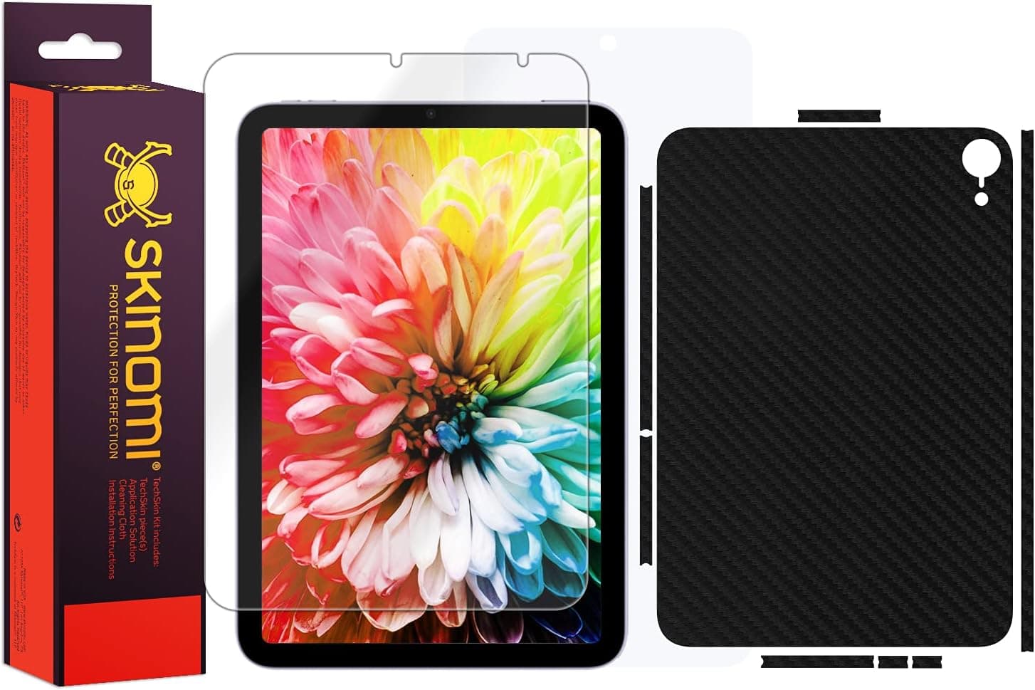 Skinomi Black Carbon Fiber Full Body Skin Compatible with Apple iPad Mini 6 (8.3 inch)(Full Coverage) TechSkin with Anti-Bubble Clear Film Screen Protector