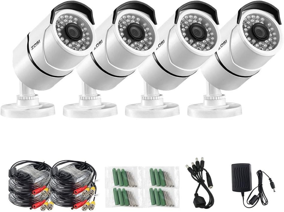 ZOSI 4 Pack 3.6mm lens 1000TVL 960H High Resolution CMOS 36pcs IR LEDs Night Vision 100ft(30m) Waterproof Outdoor Bullet CCTV Camera Surveillance For Security System (white metal housing)