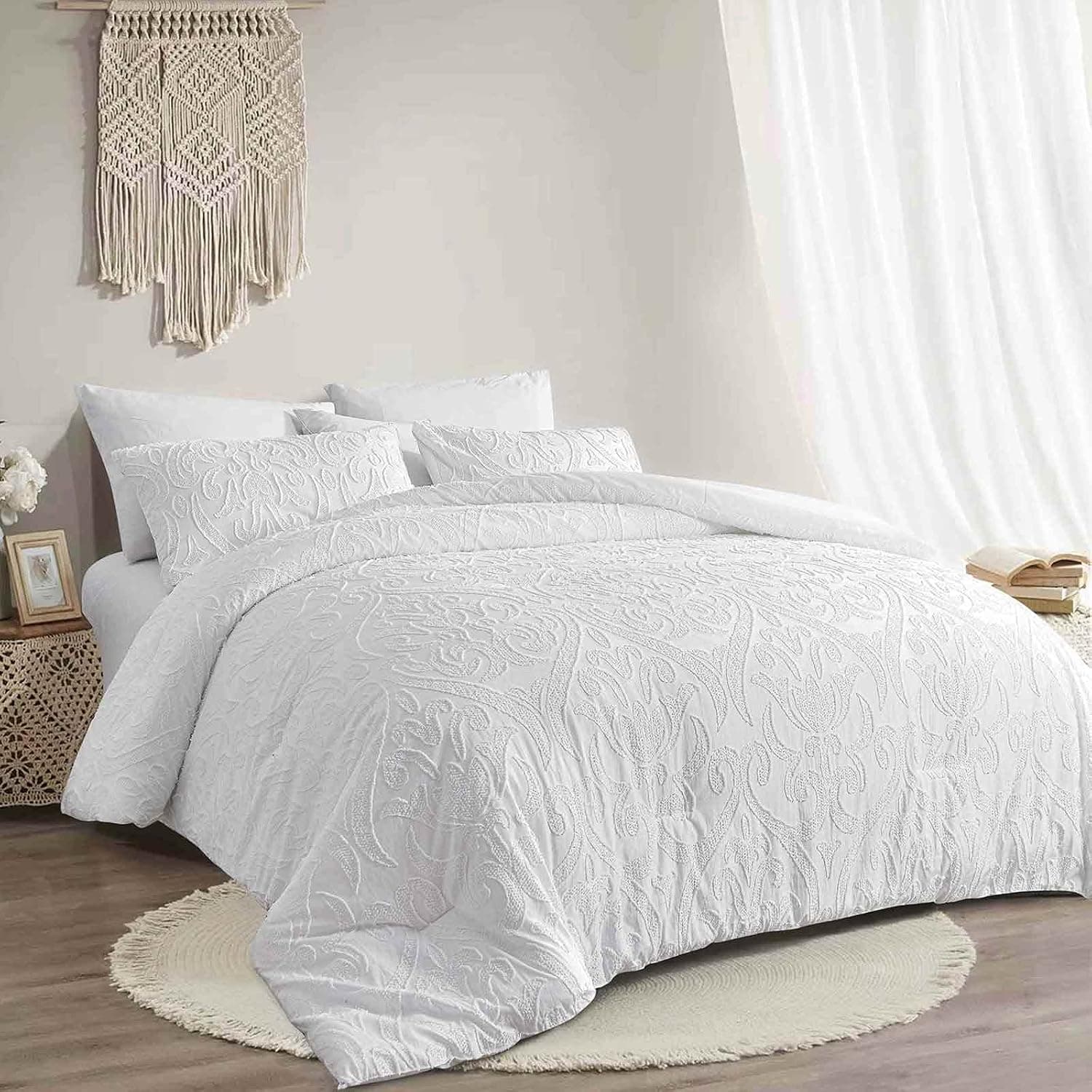 White Comforter Set Queen Size, 3 Pcs Tufted Jacquard Aesthetic Textured Vintage Floral Microfiber Bedding Set Shabby Chic Soft Lightweight, Farmhouse Styly All Season Down Alternative Bed Set (90x90)