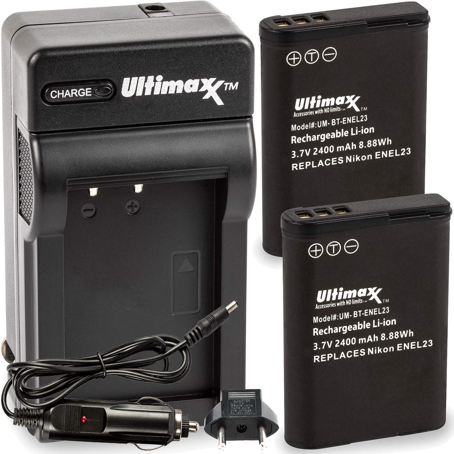 Ultimaxx AC/DC Rapid Home & Travel Charger with 2x EN-EL23 Extended Life Battery (2400mAh / 3.7V / 8.88Wh) for Nikon Coolpix P610 P900 B700 P600 P610 S810c