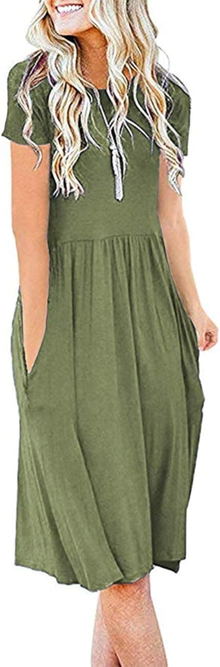 AUSELILY Women's Short Sleeve Pockets Empire Waist Loose Swing Casual Flare Print Floral Pleated Dress