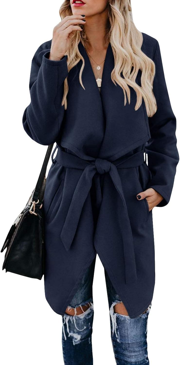 Foshow Women's Lapel Wrap Belted Pea Coat Jacket Casual Long Sleeve Dress Trench Coats with Pockets