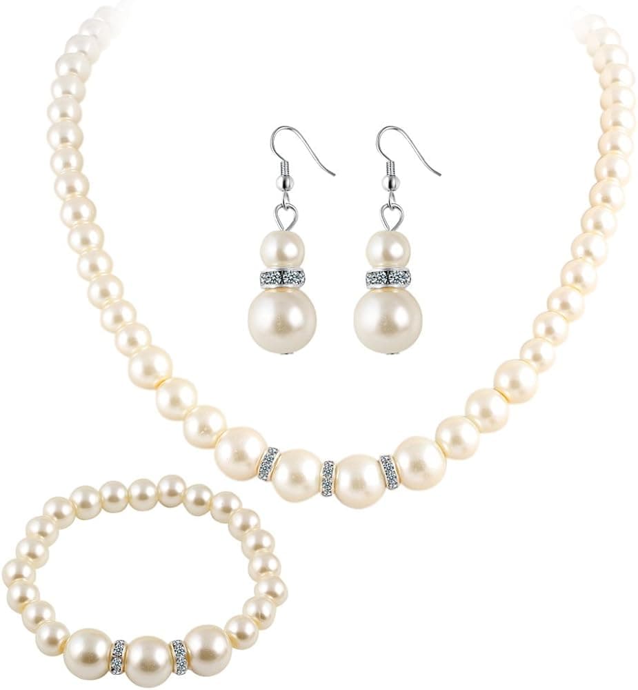 XHMBXY Silver Plated Faux Pearl Necklace Earring Bracelet Jewelry 3 Piece Suit