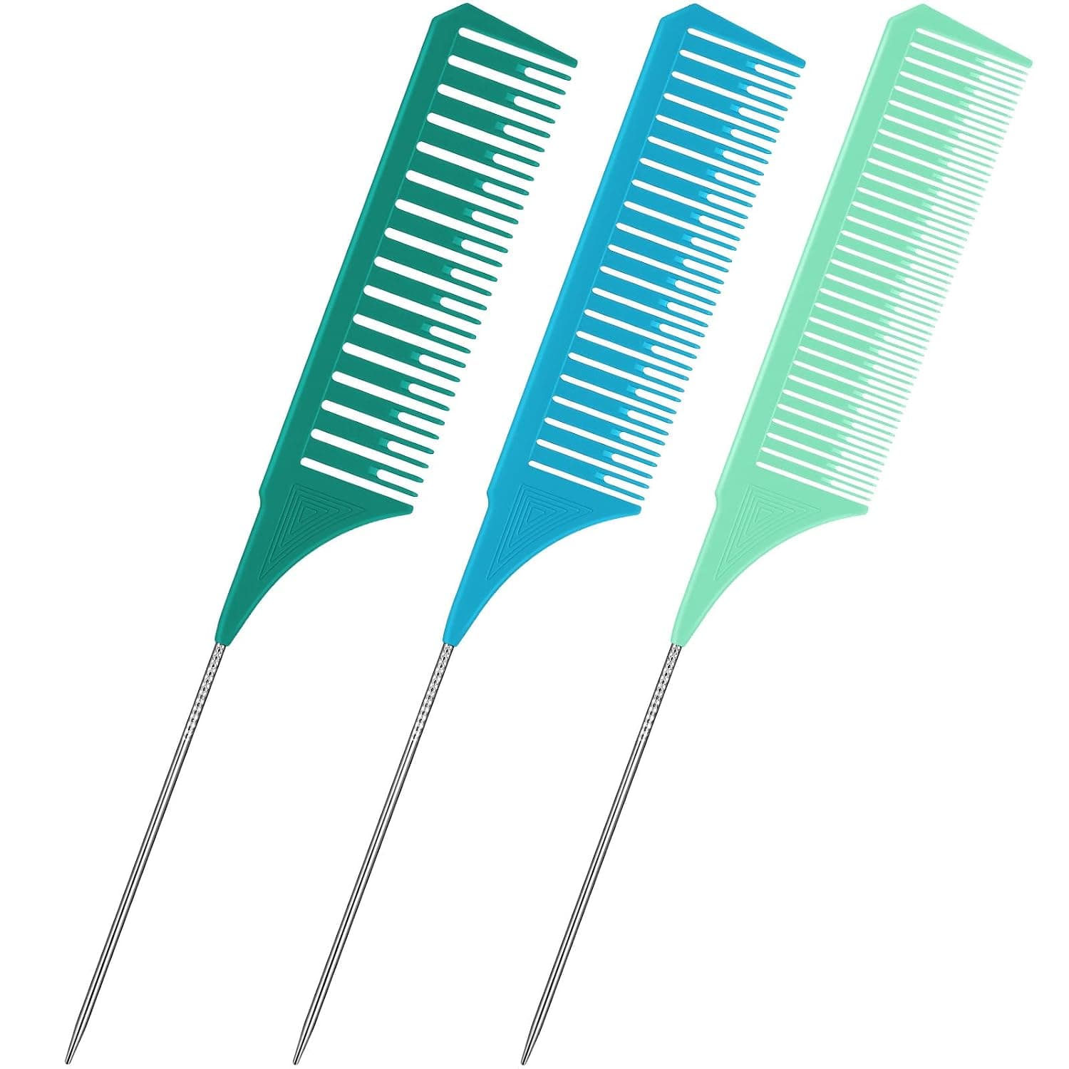 3 Pieces Different Sizes Highlighting Comb Set Foiling Comb Tail Hair Combs Metal Rat Tail Combs Plastic Weaving Teasing Hair Comb for Women Men Hair Styling Hair Salon (Green, Blue, Dark Green)