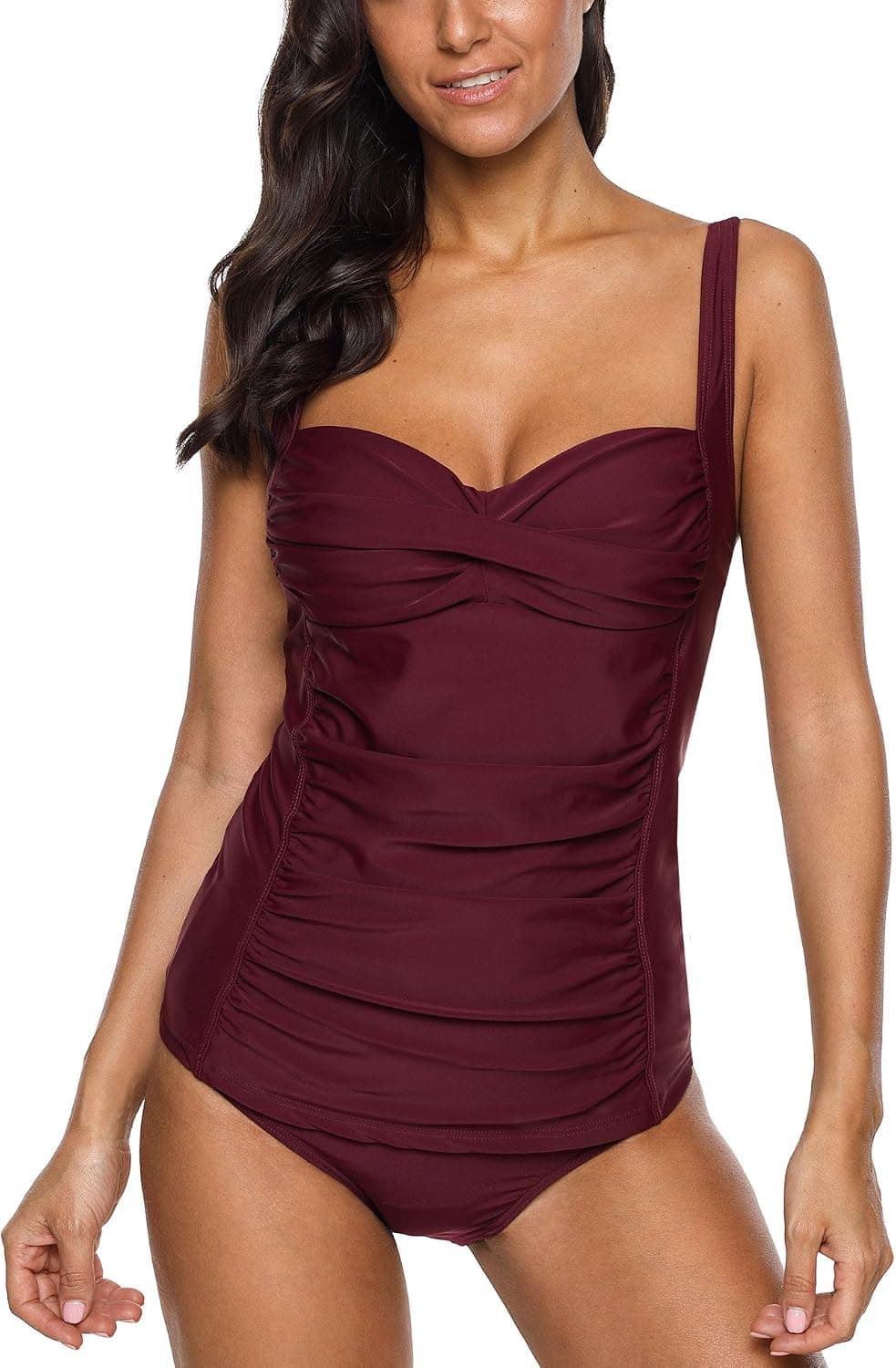 ATTRACO Woman Tankini Swimwear Tummy Control Two Piece Sets red Medium