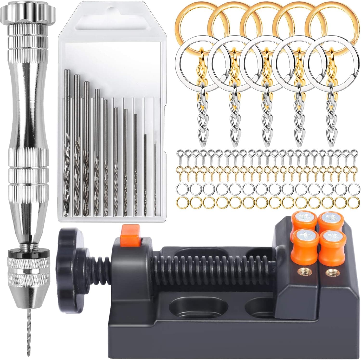 Pin Vise for Resin Molds Jewelry Casting, LEOBRO Steel Hand Drill with 10 PCS Drill Bit, Drill Press Vise, 210 PCS Keychain Supplies, Precision Hand Drill Kit for DIY Resin Keychains Jewelry Making