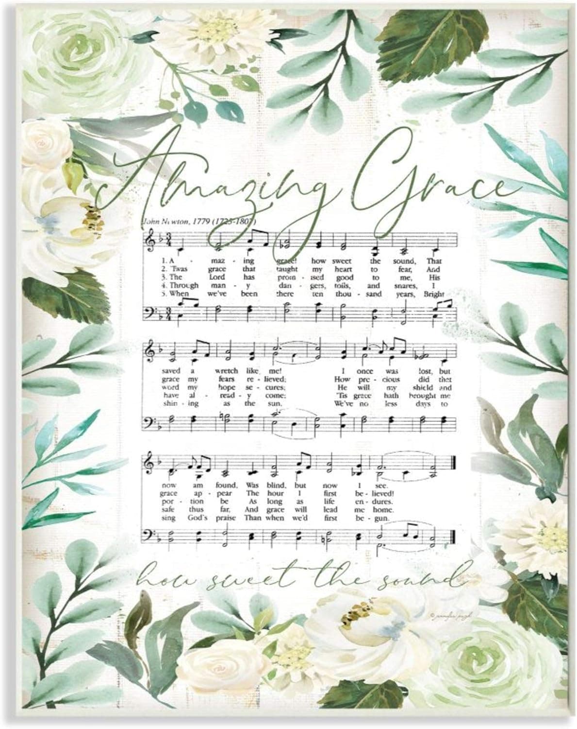 Stupell Industries Amazing Grace Sheet Music Green Floral Border Wood Art by Jennifer Pugh Wall Plaque, 10 x 15
