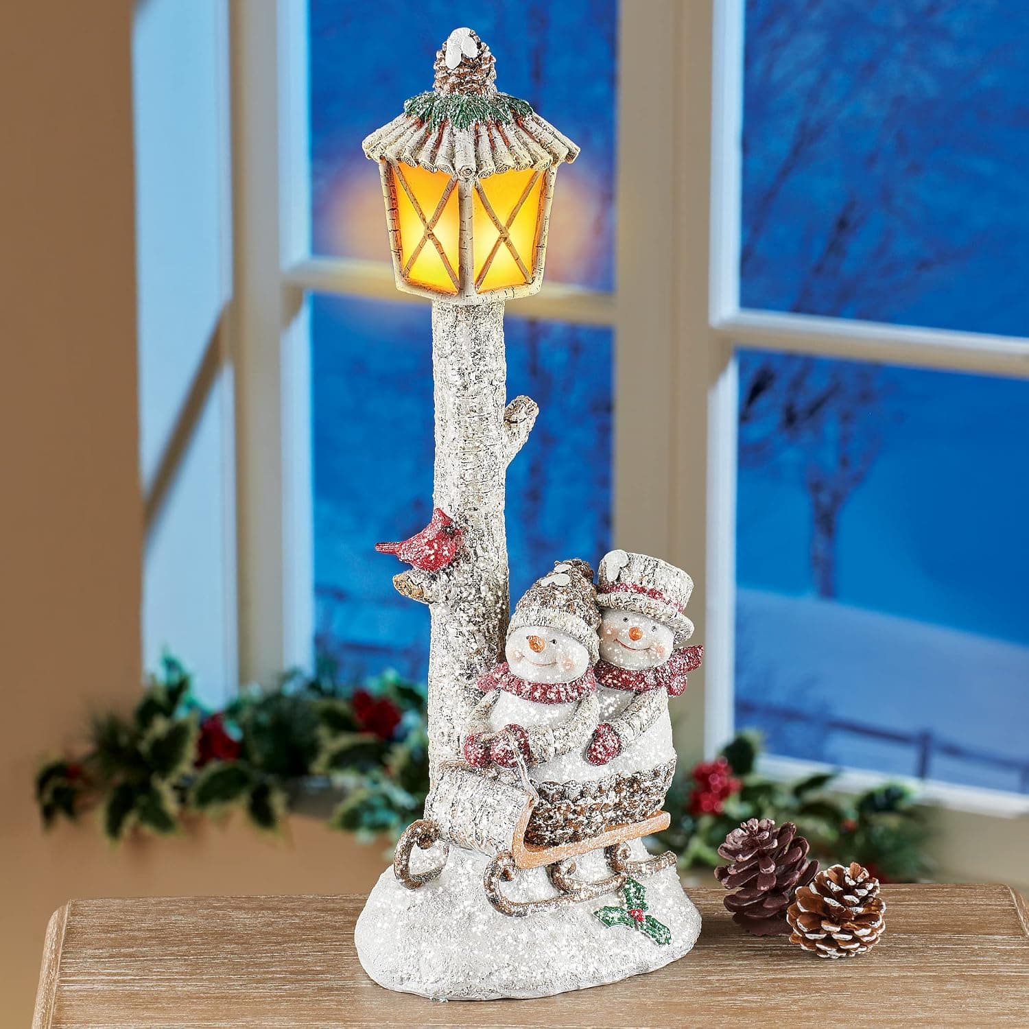 Collections Etc Lighted Sledding Snowmen Lamppost Tabletop Decor