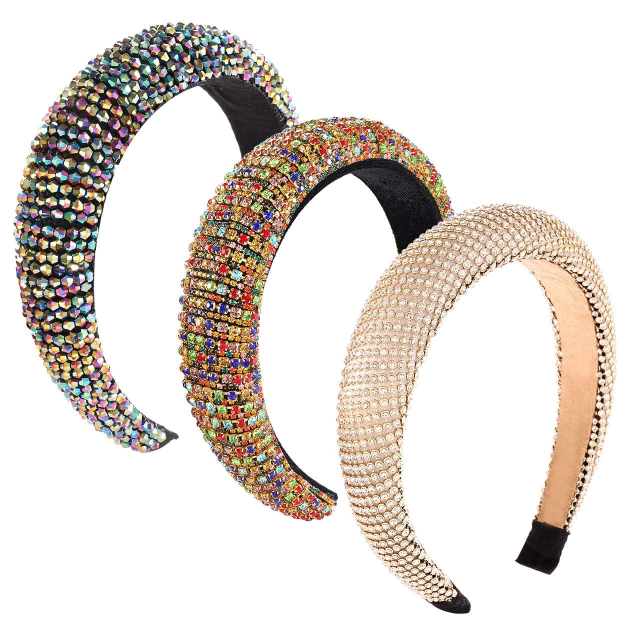 ANGLESJELL 3PCS Padded Rhinestone Headband for Women Baroque Crystal Embellished Hairbands Bejewelled Headbands Wide Velvet Hair Hoop for Wedding Bridal Holiday Party (Style A)