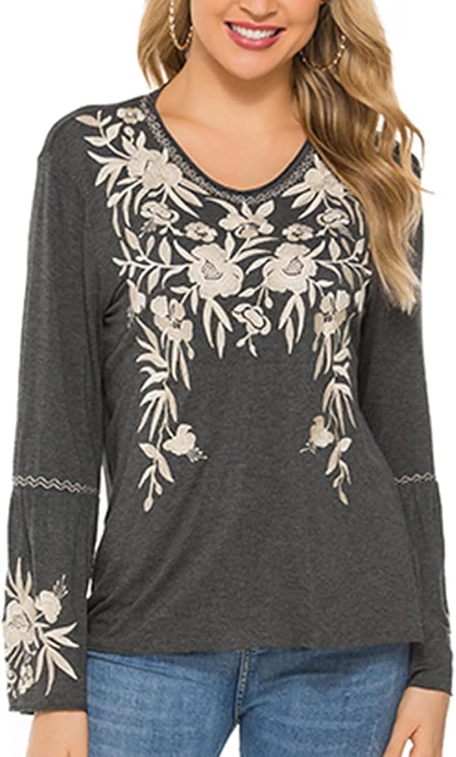 AK Women's Boho Embroidered Mexican Tops Long Sleeve Loose Peasant Tunics Fall Blouse Shirts
