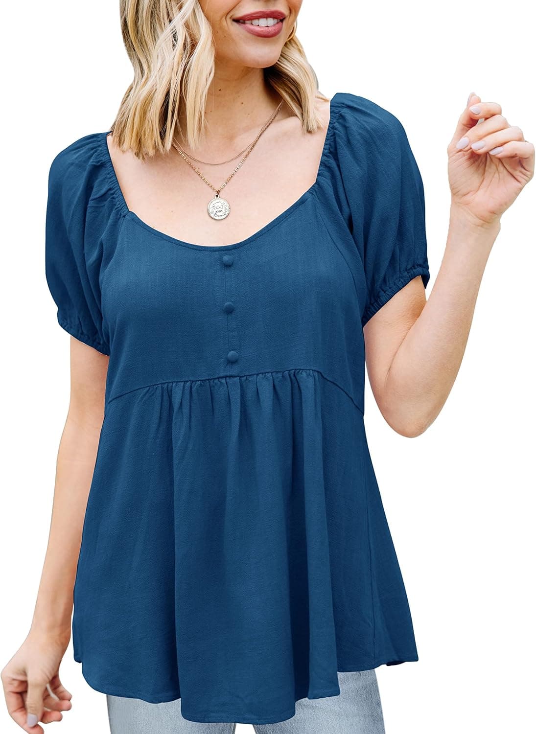 Mafulus Womens Scoop Neck Tshirts Short Puff Sleeve Button Peplum Babydoll Tops Blouse Navy