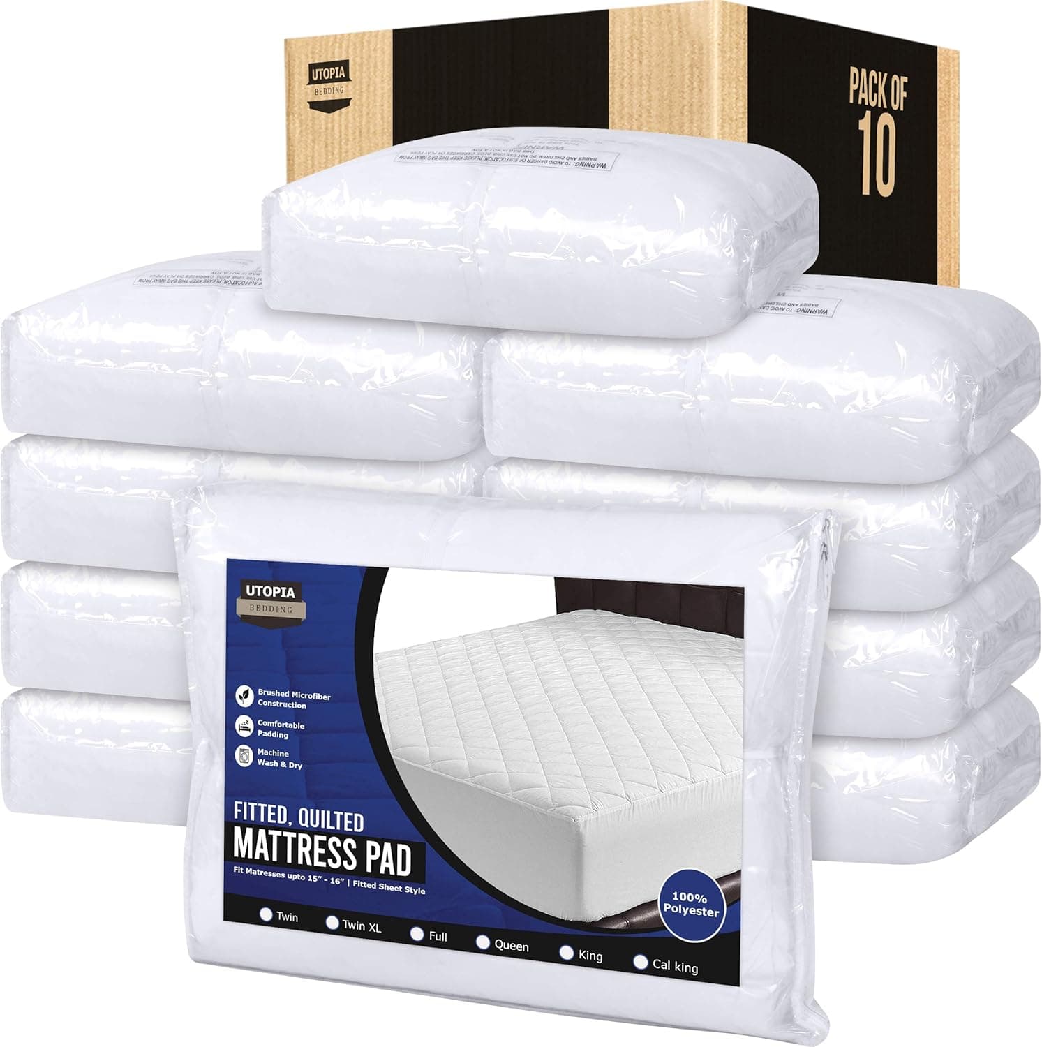 Utopia Bedding Quilted Fitted Mattress Pad - Elastic Fitted Mattress Protector - Mattress Cover Stretches up to 16 Inches Deep - Machine Washable Mattress Topper (Bulk Pack of 10, Queen)