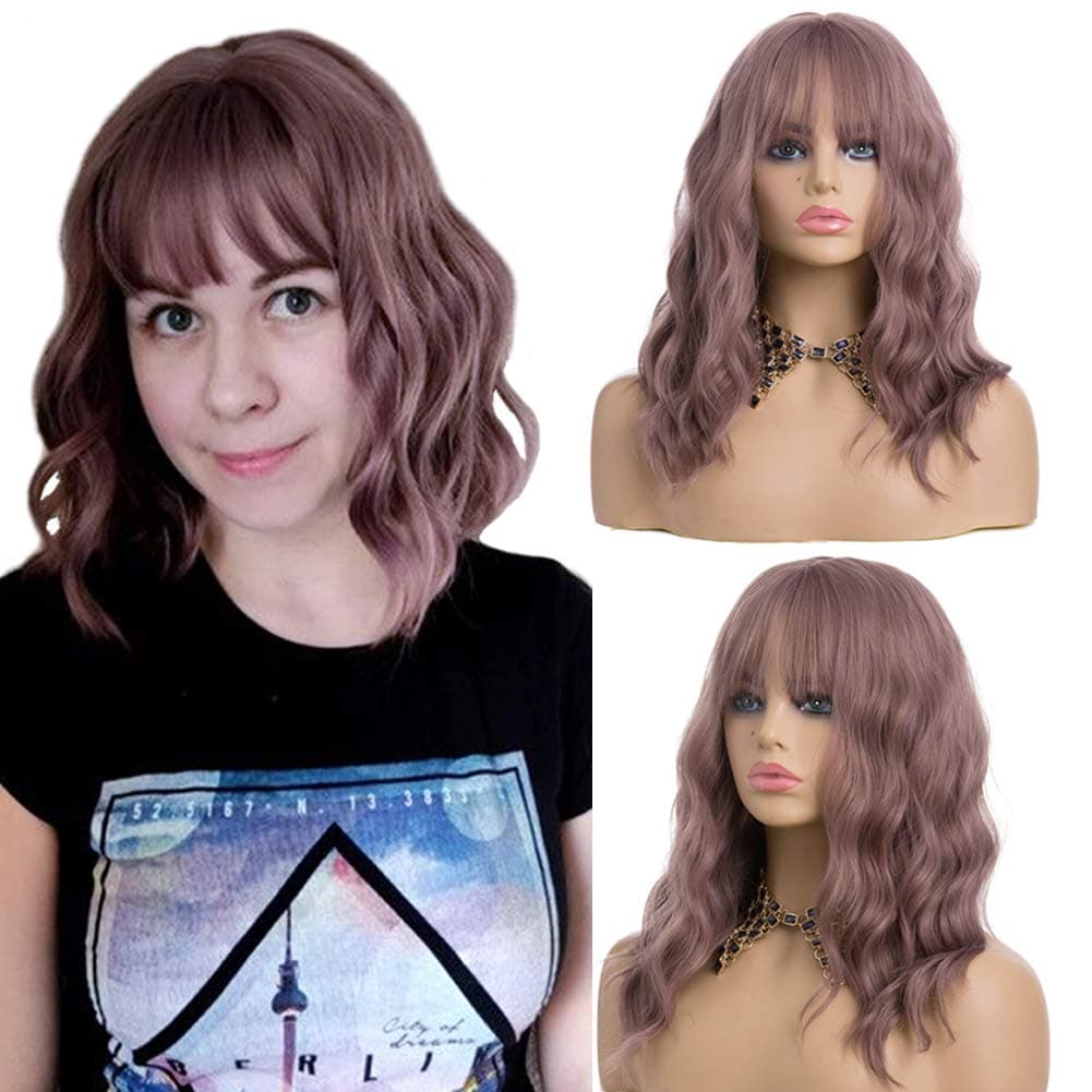 Gorgeous 14inch Wig With Bangs, Light Purple Short Wavy Bob Wig With Air Bangs, Silky Synthetic Wigs for Women, Natural Looking Grey Pink Replacement Cosplay Wig Body Wave Pastel Purple