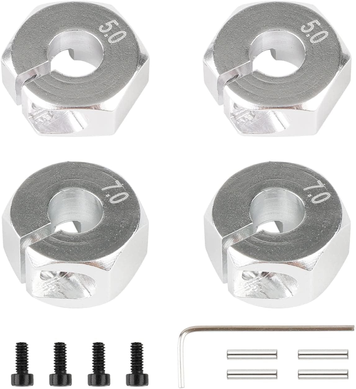 Rchobbytop 5mm & 7mm Thickness Aluminum 12mm Hex Wheel Hub Adapters with Screws Pins for 1/10 RC Cars Buggy Truck Crawler HSP Traxxas Redcat Arrma Tamiya etc, Silver