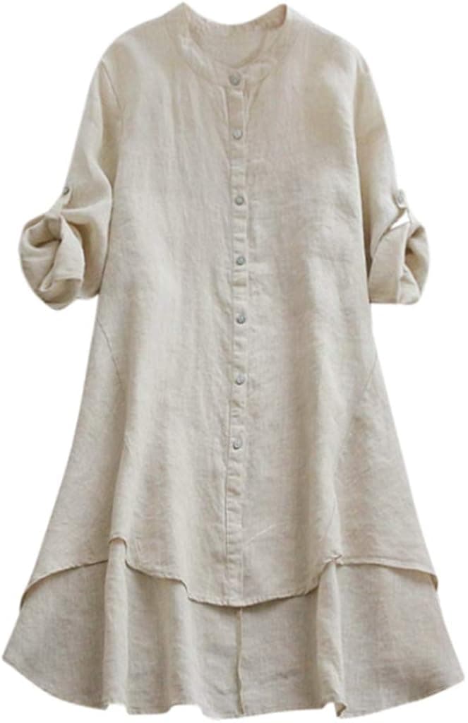 Mlide Womens Casual Loose Linen Shirt Blouse Button Down Long Sleeve Long Tops Babydoll Dresses Tunic Tops Dress