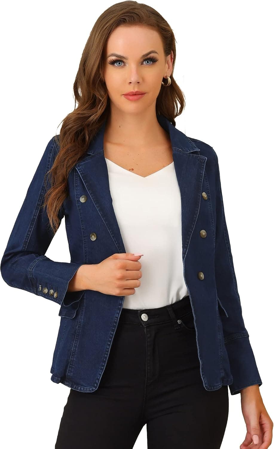 Allegra K Women's Jean Jacket Lapel Long Sleeve Work Denim Blazer with Pockets