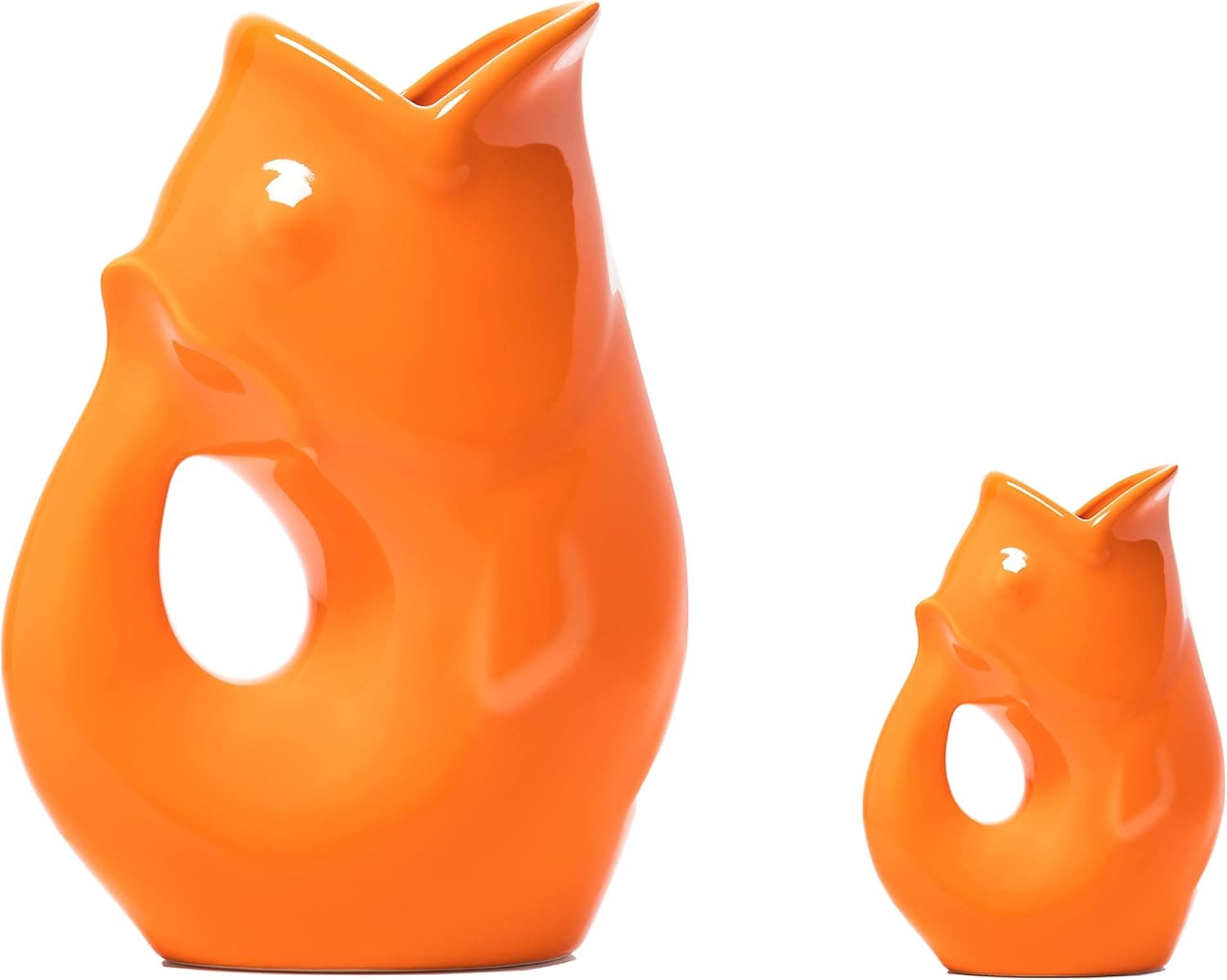 Gurgle Pot Fish Pitcher, Set of 2, French Inspired Design, Large Pitcher 42 oz. with matching Creamer, Vibrant Orange, the perfect Indoor or outdoor tableware.