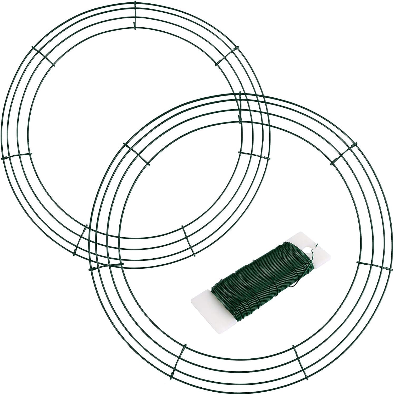 Elcoho 2 Pack Metal Wire Wreath Rings 2 Size Round Shaped Wire Wreath with Green Florists Wire for Home and Party Decor