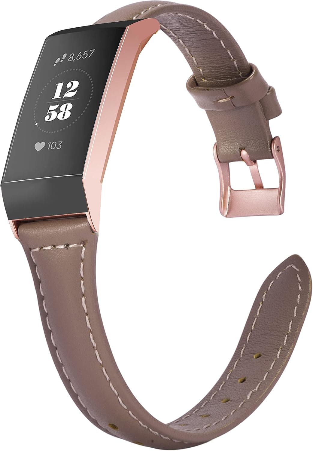 Wearlizer Compatible with Fitbit Charge 3 Bands/Fitbit Charge 4 Band for Women Men Slim Leather Replacement Fit Charge hr 3/4 Special Edition Rose Gold Band Accessories Strap - Tan
