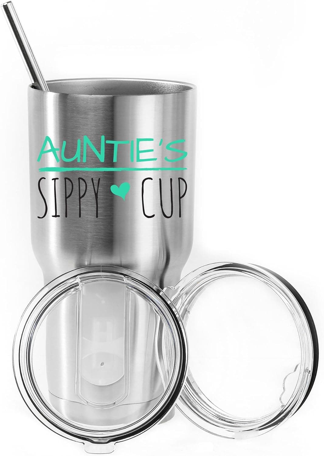 Greatness Line Auntie's Sippy cup 30 oz. Stainless Steel Tumbler Value Pack with 2 Lids and Extra SS Straw - Ideal Gift for Soon to Be Aunties - Proudly Screen Printed in the USA