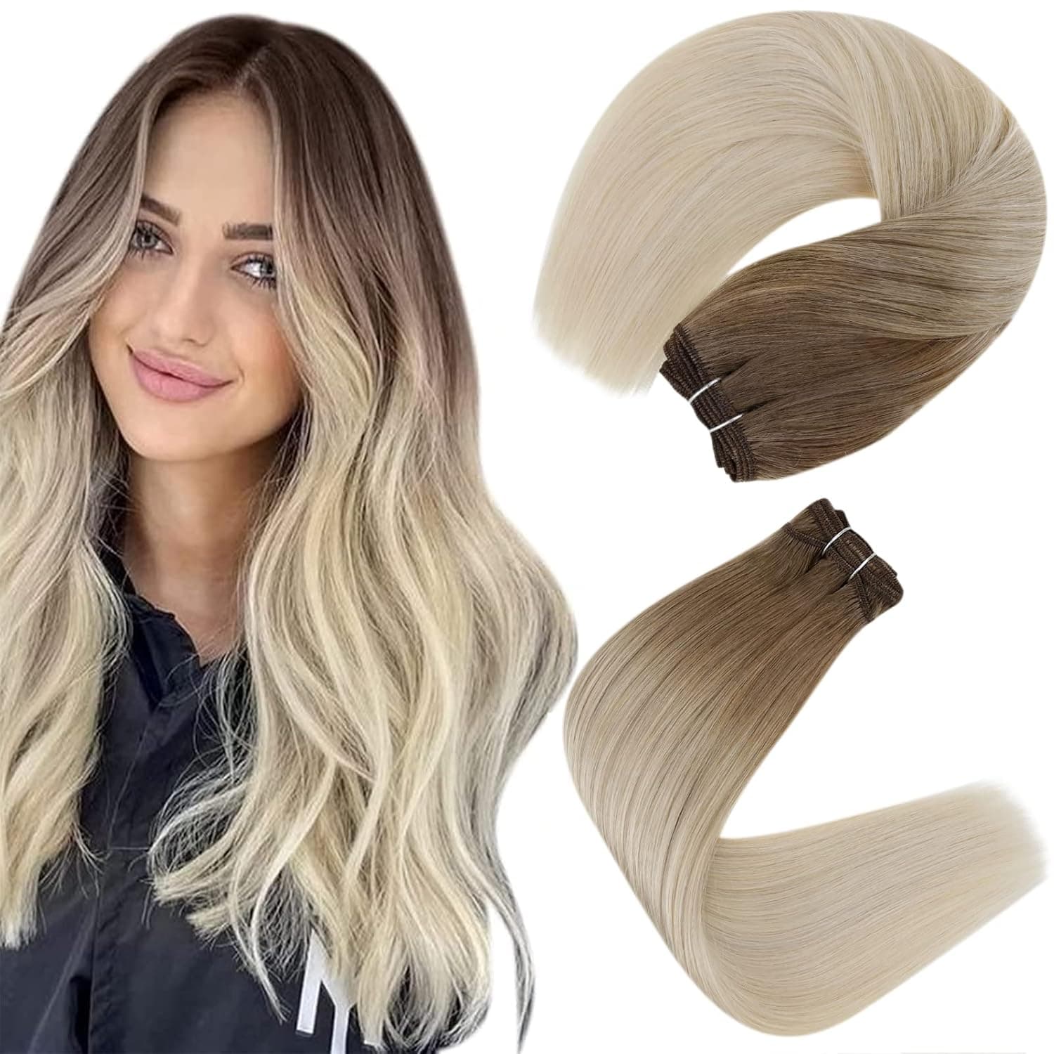 Easyouth Gradient Weft Hair Extensions, Human Hair Ombre Ash Brown Fading to Platinum Blonde Double Weft Sew in Hair Extensions Straight Hair Weft Extensions 18Inch 100g