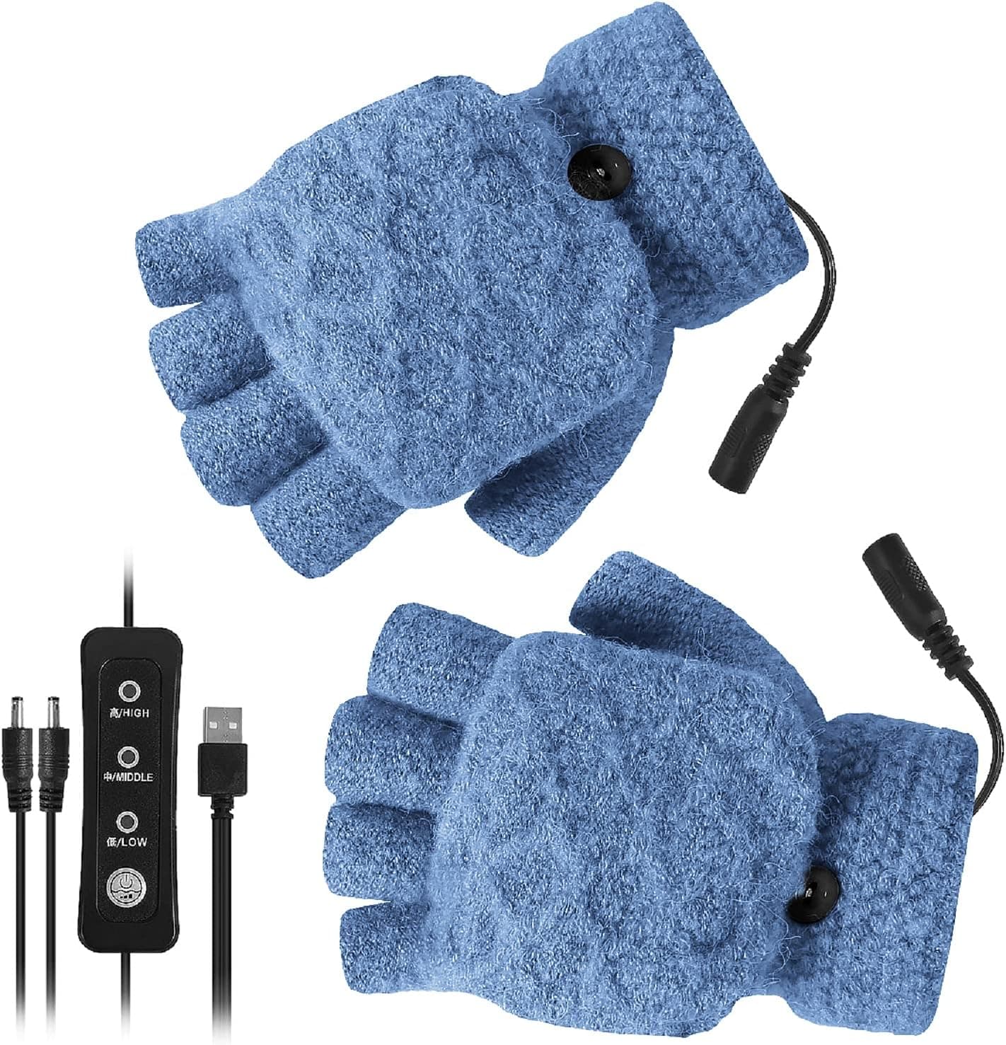 YINUODAY USB Heated Gloves, Unisex Mitten Winter Hands Warm Laptop Gloves with 3 Temperature Levels, Knitting Heating Hands Full & Half Fingerless for Women Men - Washable