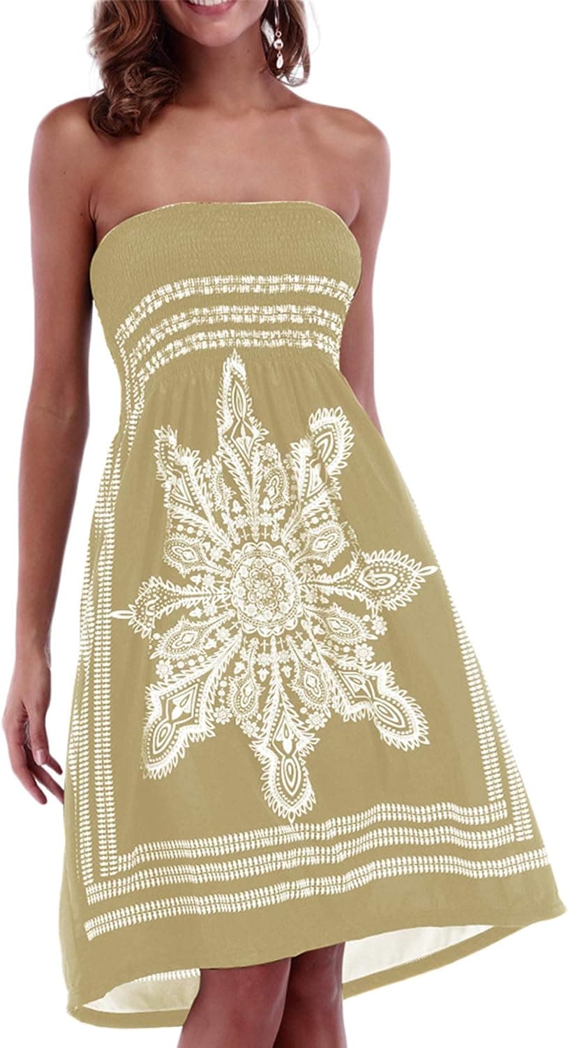 Women's Strapless Floral Bohemian Casual Mini Beach Dress Cover-ups Dress