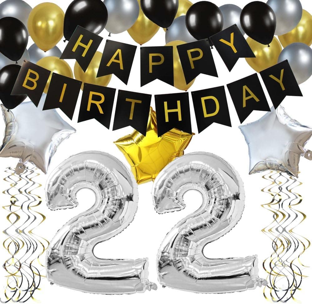 KUNGYO Classy 22ND Birthday Party Decorations Kit-Black Happy Brithday Banner,Silver 22 Mylar Foil Balloon, Star, Latex Balloon,Hanging Swirls, Perfect 22 Years Old Party Supplies