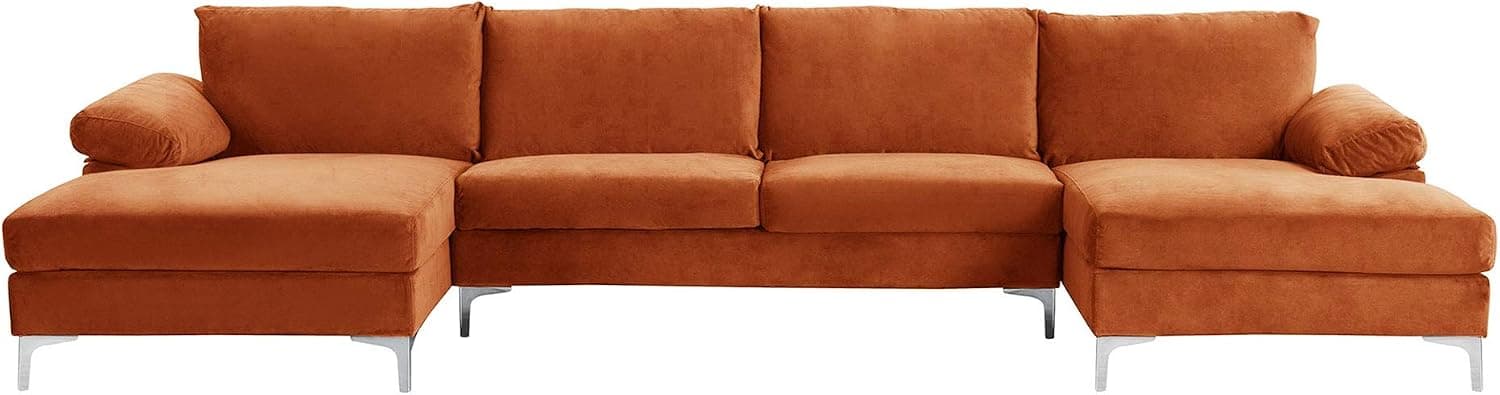 Casa Andrea Milano Modern Large Velvet Fabric U-Shape Sectional Sofa, Double Extra Wide Chaise Lounge Couch, Tangerine