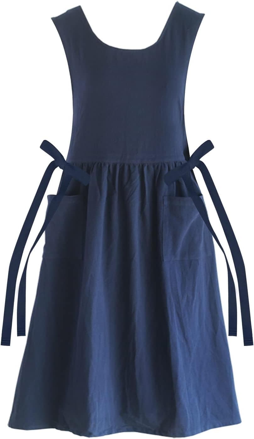 KKTOCHVC Premium Plus Size Apron with Pockets Adjustable Waistline Bib Apron,Soft Cotton Blend Apron Pinafore Dress for Baking Cooking Gardening( XL,Navy Blue)