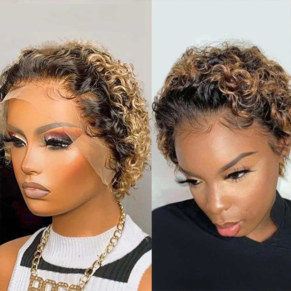 QTIKER Pixie Cut Curly Short Pre Styled Bob Wig Ombre Blonde Burgundy Ginger Hair Glueless Brazilian Virgin Human Hair Lace Front Wigs (Ombre Blonde) 10 Inch