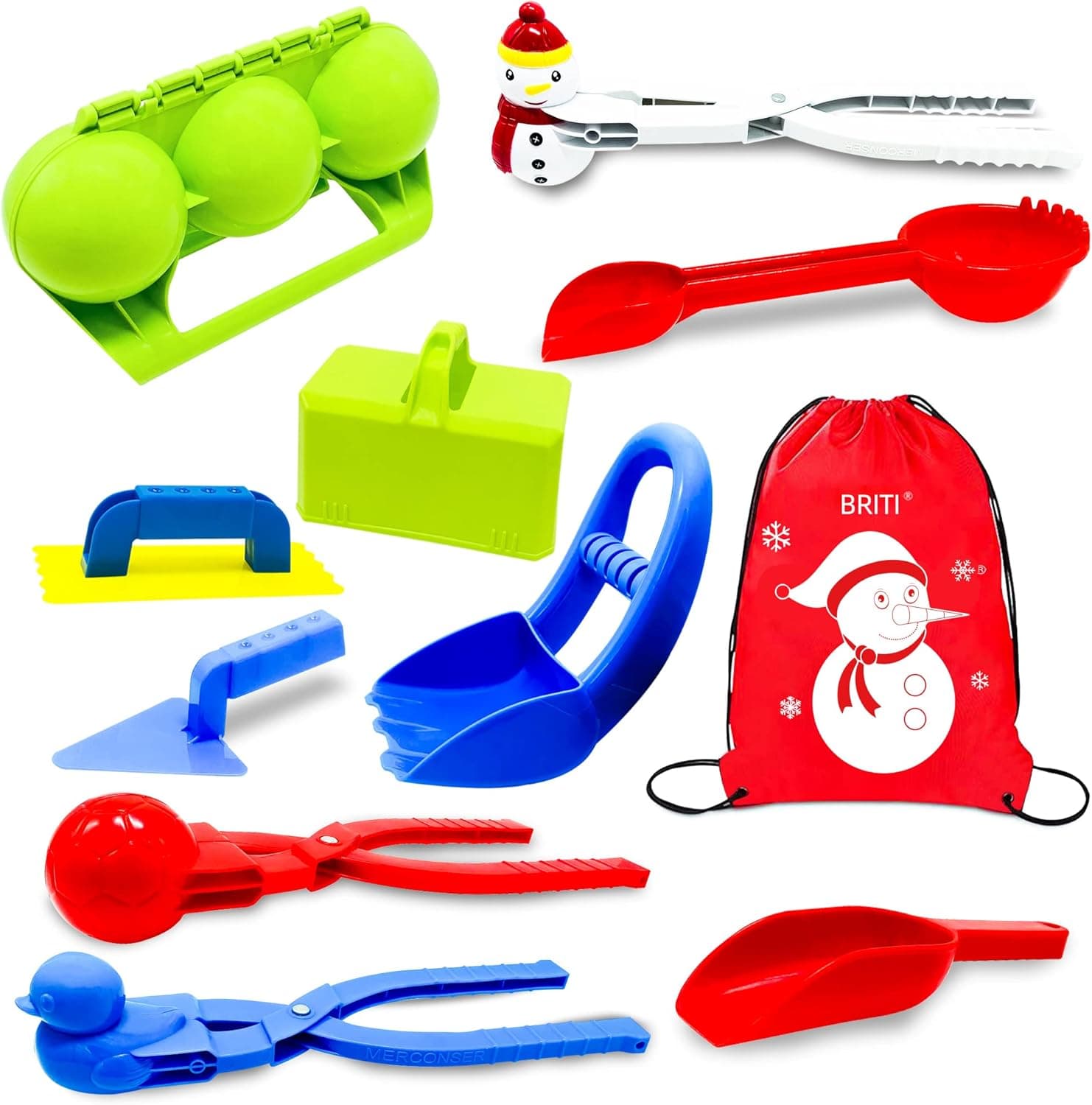BRITI 11 Pieces Snowball Maker Tools, 4 Snowball Makers, 6 Snow Tools and 1 Storage Bag, Snowball Toys and Beach Toys for Kids and Adults Snowball Fight