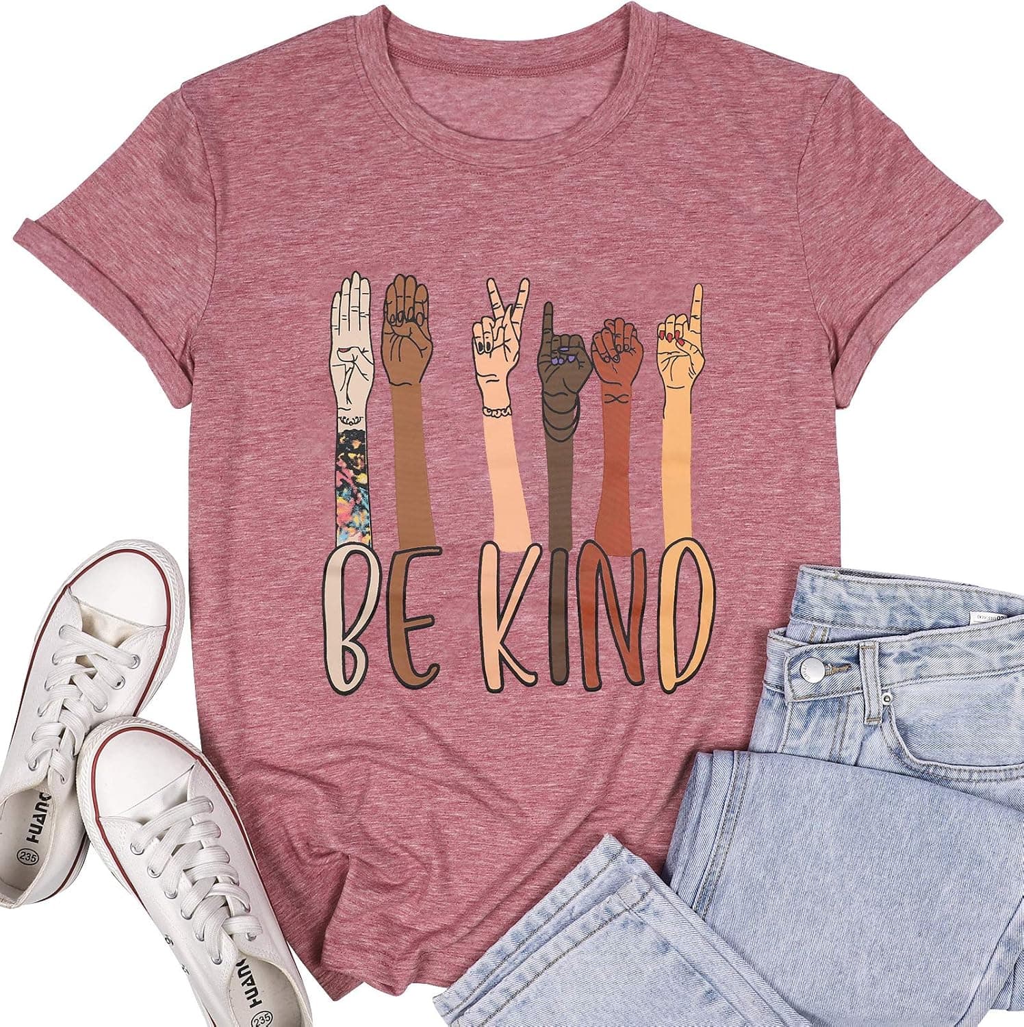 KIDDAD Be Kind Sign Language Shirt Women Inspirational Graphic Teacher Tees Casual Short Sleeve Loose Tops