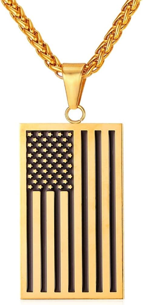U7 American Flag Necklace, America Eagle Pendant, US Patriotic Jewelry, July 4th Gift, National/Independence Day Necklace, Soliders Army Tag Necklaces with 22 Inch Chain, Color Steel,Black,Gold