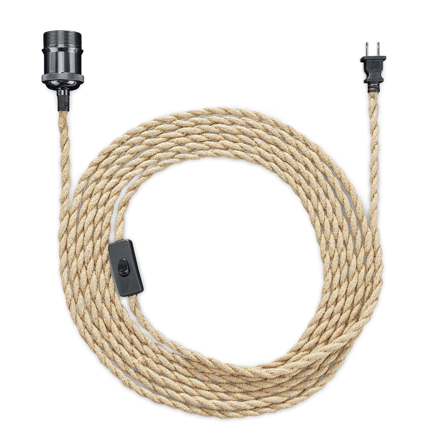 kwmobile Rope Light Cord with Switch - 20FT Plug-in Pendant Lighting Cable Kit with Metal E26 Bulb Socket - Vintage Industrial Hemp DIY Hanging Lights